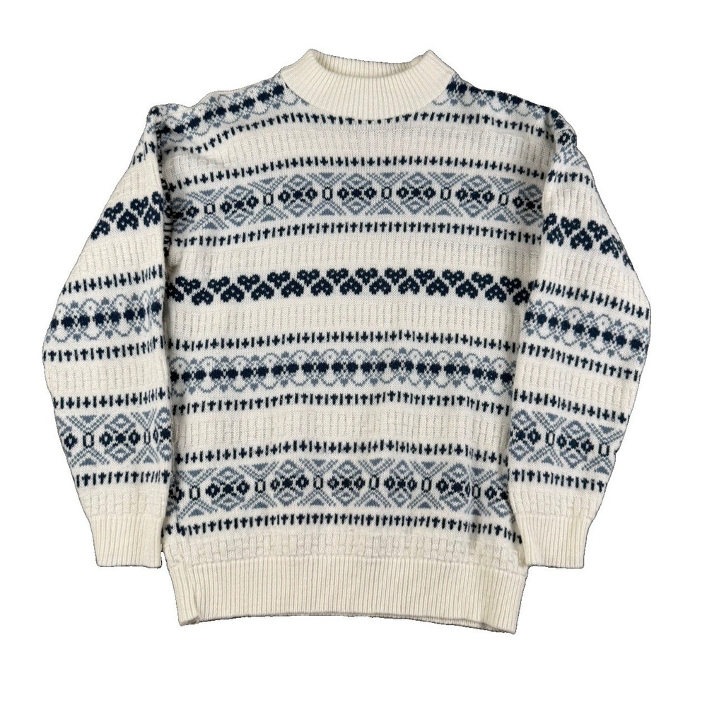 Vintage American Pride Sweater Mens L USA Made Fair Isle Nordic Blue White Knit